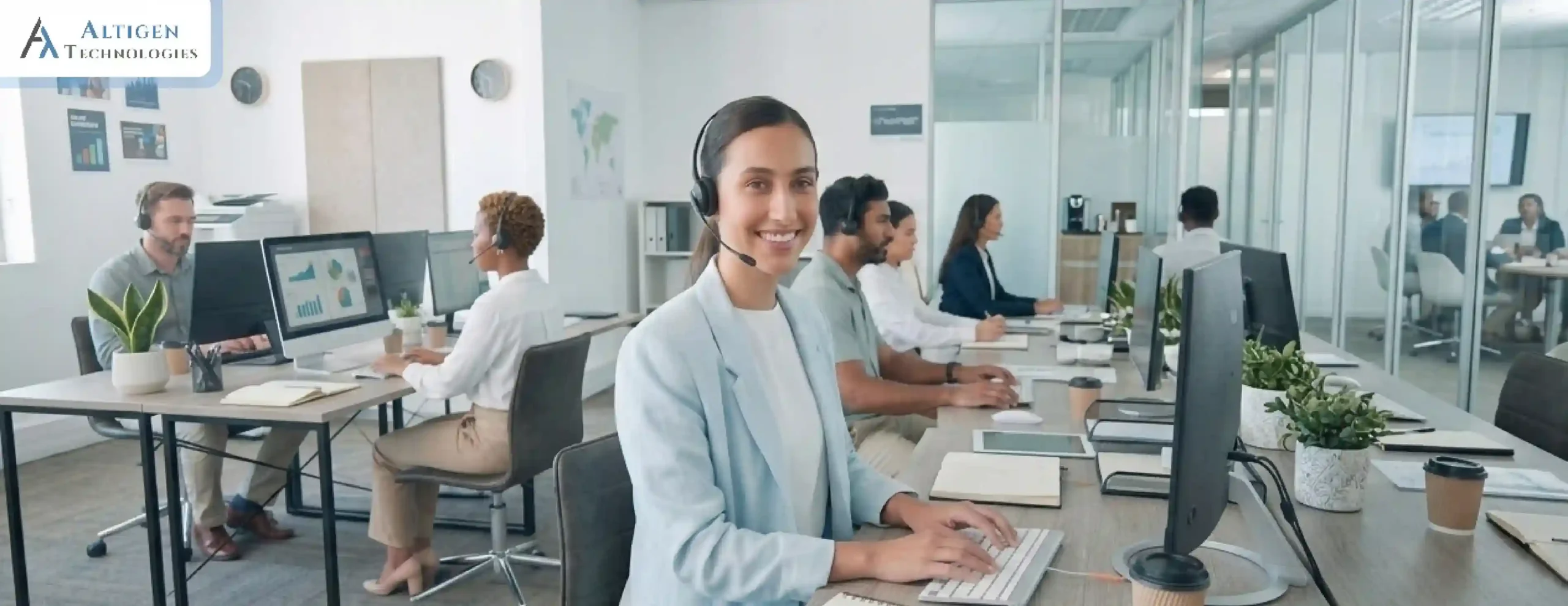 Banner image showing call center agents using Altigen CoreEngage in a contact center