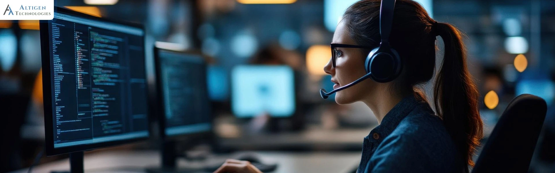 Banner image showing a call center executive using Teams call center solutions