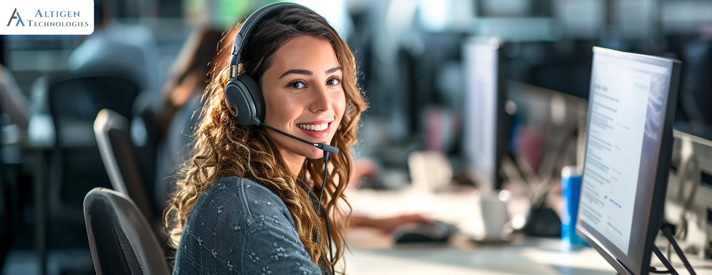 Customer support agent using contact center software with headset in a modern office