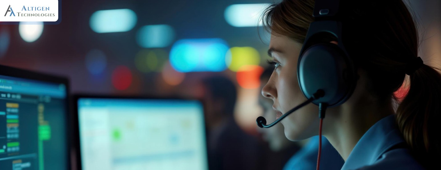 Customer support agent working in a modern contact center, representing cloud contact center solutions and business communications technology.