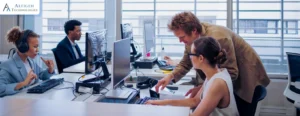 Customer support agents in a financial institution using enterprise contact center for faster issue resolution.