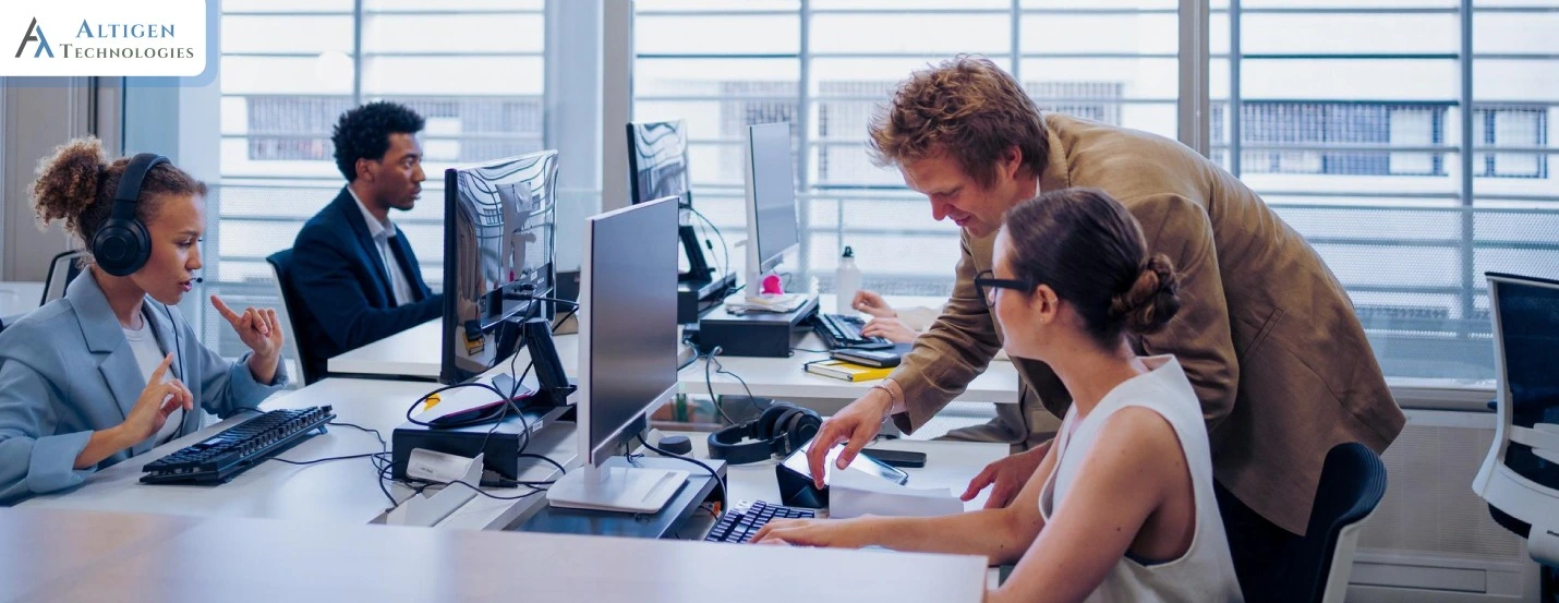 Customer support agents in a financial institution using enterprise contact center for faster issue resolution.