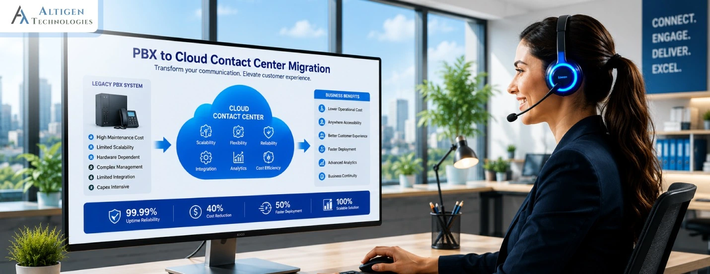 A call center agent checking the benefits of PBX to Cloud contact center