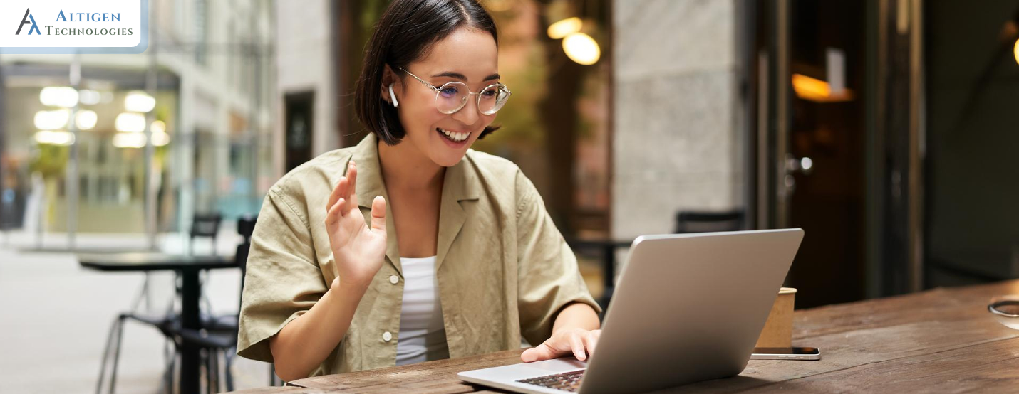 An employee working in a hybrid set up is communicating with team members using modern communication platform