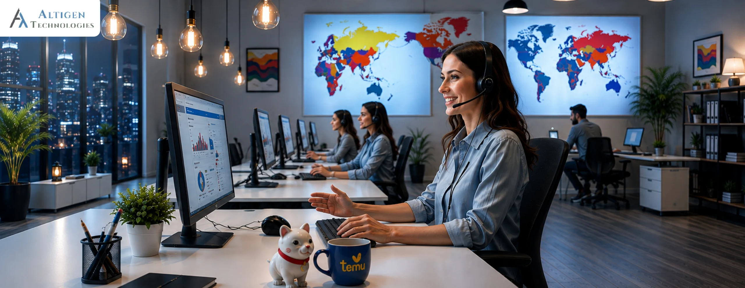 Agents working in a modern call center and manager tracking call center performance metrics.