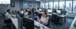 Contact center agents assisting customers while manager monitoring customer satisfaction and support performance.