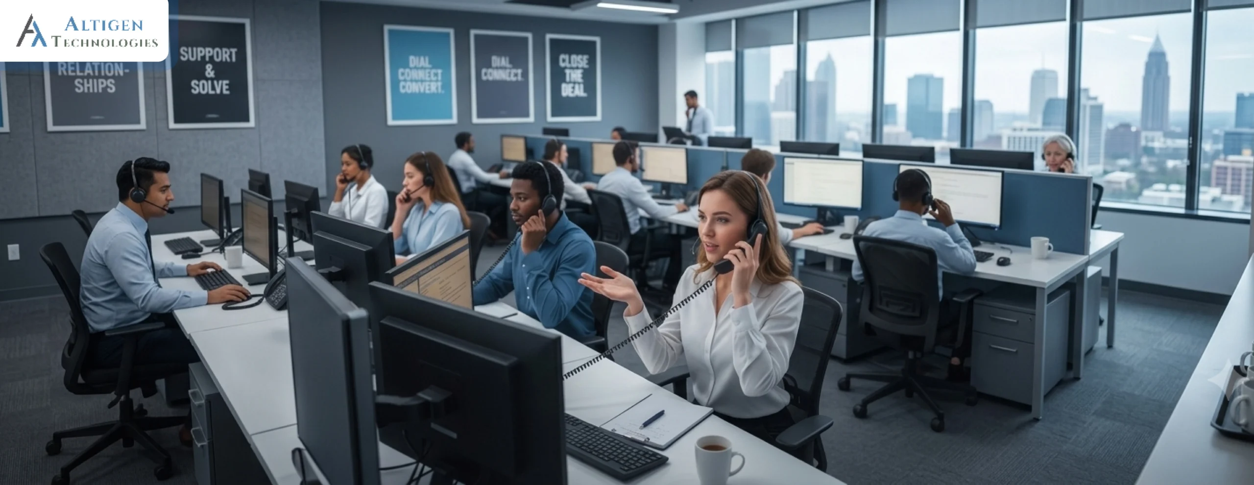 Contact center agents assisting customers while manager monitoring customer satisfaction and support performance.