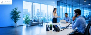 Employees using a hosted PBX solution for cloud-based business communication in a modern office.