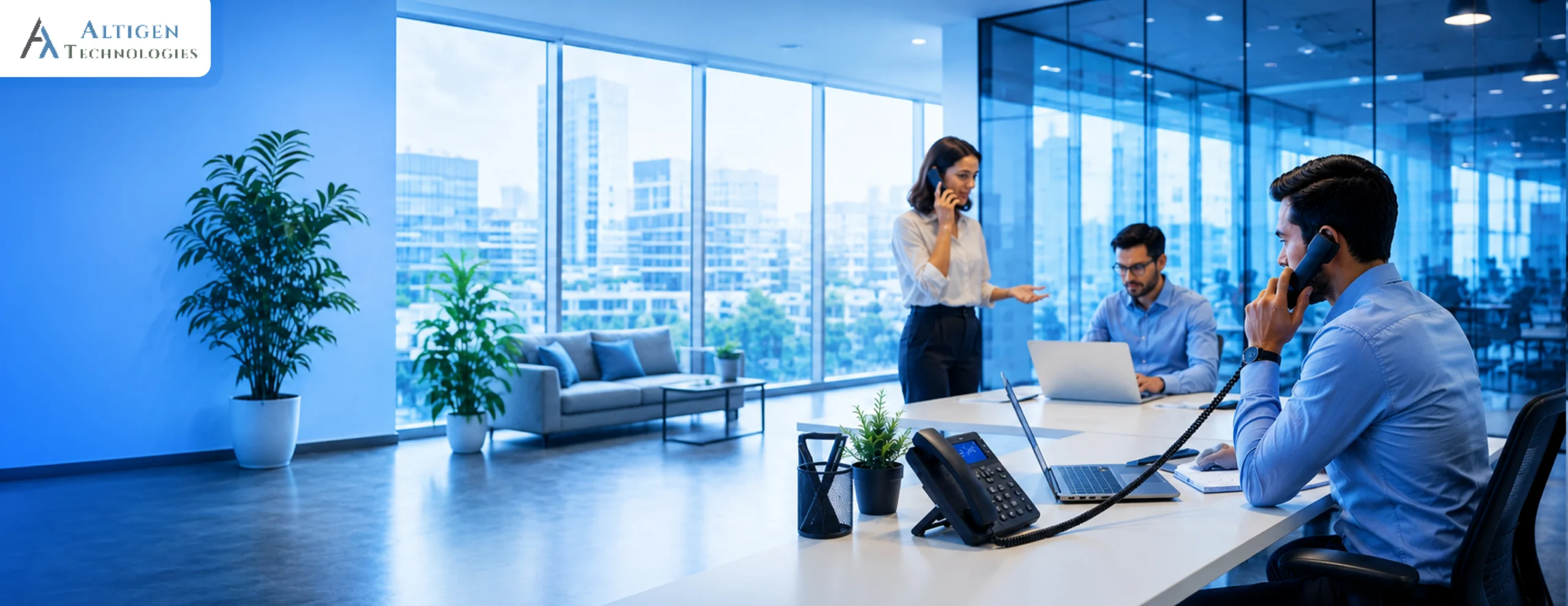 Employees using a hosted PBX solution for cloud-based business communication in a modern office.