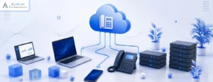 Enterprise cloud phone system connecting phones, computers, mobile devices, and servers through the cloud.