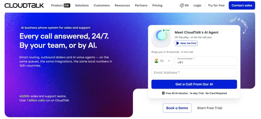 CloudTalk website homepage screenshot