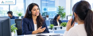 Contact center agents using modern customer service software to manage customer interactions.